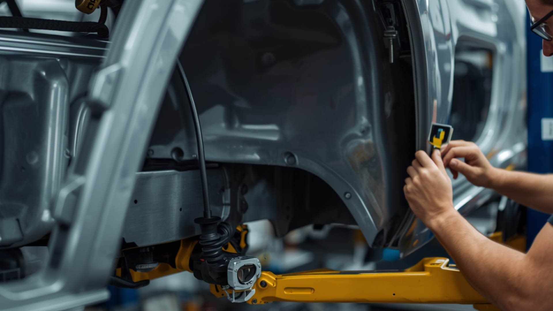 Educational graphic titled "Can a Bent Car Frame Truly Be Straightened? The Truth About Structural Repair" featuring a blueprint of a vehicle chassis and a laser-guided frame straightening machine.